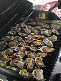 the grill has many oysters cooking on it