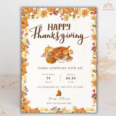 a thanksgiving greeting card with an image of a turkey and cornucts on it