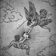 two angels flying through the sky with one holding an angel's head and another reaching for