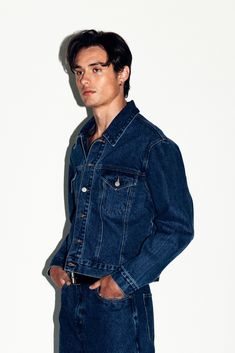 A classic, fitted denim jacket inspired by old school American westerns. With a slim-straight fit and a belt-line crop that tapers into the waist, Runyon is effortless and rugged. An everyday layer for the California cowboy. Pair with the Rodeo Classic Straight Leg Jeans for the ultimate Canadian Tuxedo. California Cowboy, Western Denim Jacket, Denim Cropped Jacket, Canadian Tuxedo, Fitted Denim Jacket, American Western, Denim Belt, Western Leather, Crop Jacket