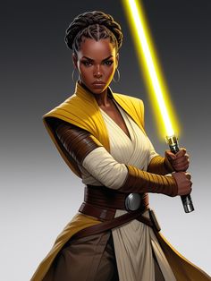 a star wars character is holding a light saber in her right hand and looking at the camera