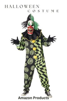 a man in a clown costume standing with his hands out and the words halloween costume on it