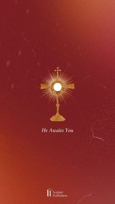 an image of the cross on a red background with words that say he await you