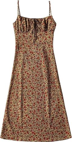 Omoone Women's Floral Dress Low-Cut Square Neck Spaghetti Strap Tie Bodycorn Dresses(2226-01YellowX2-XL) at Amazon Women’s Clothing store Slip Mini Dress, Strappy Midi Dress, Brown Floral Print, Womens Floral Dress, Mini Robes, Floral Print Midi Dress, Sling Dress, Boho Maxi Dress, Brown Floral