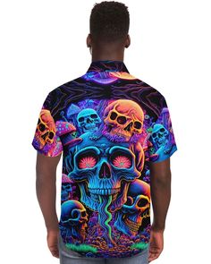 Bring the party wherever you go with the Psychedelic Skull Sanctuary Party Shirt! A kaleidoscope of colors, patterns, and rave energies, this shirt perfectly captures the spirit of psychedelic fun and free-spirited dancing. Crafted for the seasoned raver, it effortlessly pairs with our matching bucket hat or stands bold on its own. Beyond its psychedelic appeal, this shirt promises unparalleled comfort, making it a must-have for every rave or laid-back gathering. Vibrant and captivating psychede Multicolor Skull Print Summer Tops, Multicolor Skull Print Top For Summer, Multicolor Skull Print Tops For Summer, Festival Skull Print Short Sleeve Tops, Multicolor Rave Festival Tops, Multicolor Rave Tops For Festival, Halloween Multicolor Skull Print Tops, Groovy Multicolor Festival Tops, Multicolor Skull Print Tops For Halloween