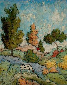 a painting of a cow grazing in a field with trees and bushes on the other side