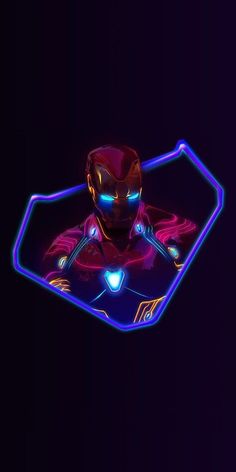 a glowing iron man sitting in the middle of a dark room with neon lights on it