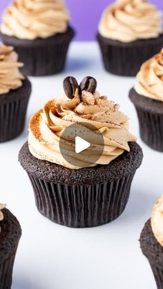 chocolate cupcakes with frosting and coffee beans on top are arranged in rows