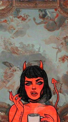 a painting of a woman holding a cup with horns on her head and devilish hair