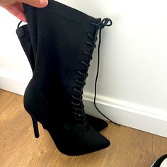 Brand New Black Lace Up Stiletto Boots. Heel Is Approx 5inches. Size Is 38=6, But I Am A 7/7.5 And These Fit Me Black Stiletto Boots, Boots Heel, Black Stilettos, Stiletto Boots, New Black, Black Lace, Bootie Boots, Ankle Boots, Lace Up