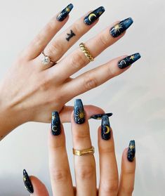 Nails With Moon And Sun, Freehand Art Nails, Celestial Acrylic Nails, Greta Van Fleet Inspired Nails, Simple Celestial Nails, Nightcourt Acotar Nails, Pagan Nail Art, Greta Van Fleet Nails, Sun And Moon Nails Design