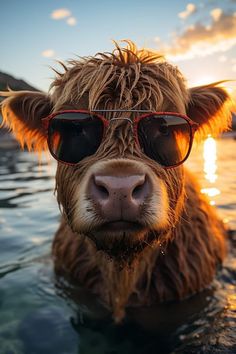 a cow wearing sunglasses in the water with sun shining on it's face and nose