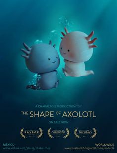 the shape of axolotil movie poster with two little creatures swimming in blue water