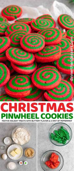 christmas pinwheel cookies with green and red frosting on top, surrounded by other ingredients