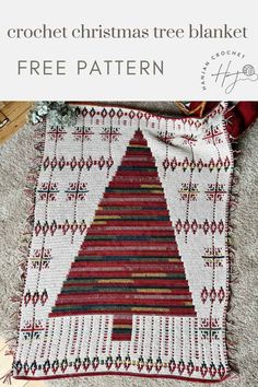 a cross stitch christmas tree pillow on the floor with text overlay that reads, free pattern