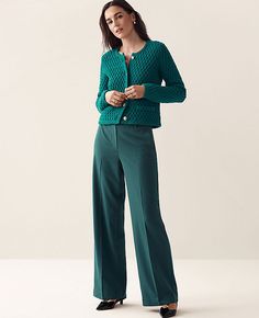 A modern must-have with a statement leg and flattering high waist. Front zip with button closure. Belt loops. Front off-seam pockets. Back besom pockets.,Leg Shape:Wide-Leg – a modern must-have with a statement leg and flattering high waist,Rise:High rise: sits 1/2" to 1" below natural waist,Imported:Imported,Fit:Relaxed & easy,Length:Full length: 31" inseam with 24" leg opening,Fabrication:62% Polyester, 34% Viscose, 4% Spandex,Garment Care:Machine Washable The Perfect Wide Leg Pant by Ann Tayl Forest Green Pants, Teal Outfits, 70 Outfits, Corporate Fashion, Casual Bottoms, Colored Pants, Green Pants, Wide Leg Pant, Petite Women