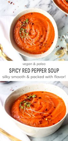 two bowls of spicy roasted red pepper soup