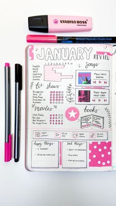 Journal Ideas For 2023, Things To Write In Journal Aesthetic, Monthly Planner Journal Ideas, Bujo End Of Month Review, Bulett Jornal Ideas Monthly, Journaling January Ideas, Bujo Monthly Tracker, 2023 Notebook Ideas, January Spread Ideas