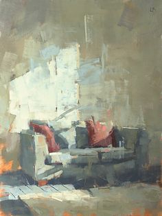 an abstract painting of a couch with red pillows on it's armrests