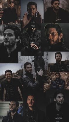 many different pictures of men with beards and black clothes, one is holding his hand up