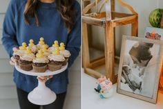 a woman holding a plate with cupcakes on it next to an image of a baby