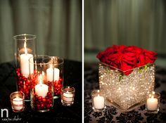 red roses and candles sit in glass vases on a black tablecloth with silver sequins