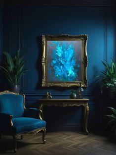 a blue chair in front of a painting on the wall with potted plants next to it