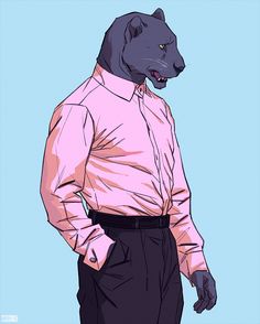 a drawing of a man in a pink shirt and black pants with a cat on his chest