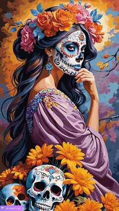 a painting of a woman with flowers in her hair and skull on her face, next to two skulls