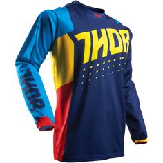 a blue and yellow jersey with the word thor on it's chest, sitting in front of a white background