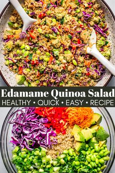 two bowls filled with different types of food and the words edamame quinoa salad