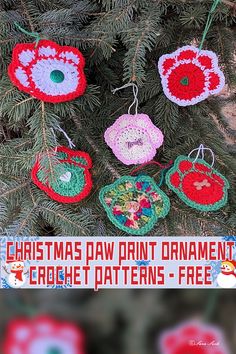 crochet christmas ornaments hanging from a tree with text overlay that says christmas dawn ornament crochet patterns - free