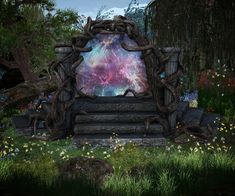 an image of a throne surrounded by trees and flowers