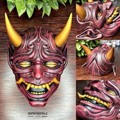 an artistic mask with yellow horns and fangs on it's face is shown in three different angles