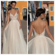 the back of a wedding dress is shown in three different angles, including an open back and