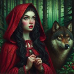 a painting of a woman and a wolf in the woods with red hoodie on