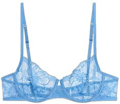 Fitted Lace Bra With Spaghetti Straps, Party Lace Bra With Delicate Straps, Delicate Fitted Bra With Delicate Straps, Delicate Lace Bra With Lace Closure, Fitted Low-cut Lace Bra, Delicate Lace Underwire Bra For Summer, Summer Lace Underwire Bra, Blue Lace Bra With Removable Pads, Lace Spaghetti Straps Bra With Built-in Bra