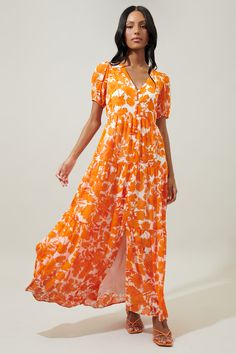 Tangelo Floral Monaco Tiered Maxi Dress – Sugarlips Orange Flower Dress, Temple Dresses, Sugar Dress, Temple Dress, Vibrant Dress, Orange Floral Dress, Style Guru, Bodice Top, White Heels