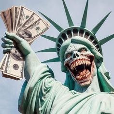 a statue of liberty holding money in one hand and an evil face on the other