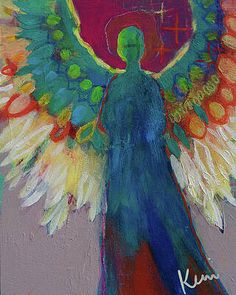 a painting of an angel with colorful wings