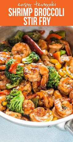 shrimp and broccoli stir fry in a skillet with the title above it