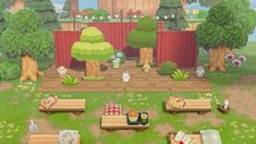 an animal crossing game with picnics and trees