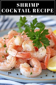 shrimp cocktail recipe on a plate with lemon wedges