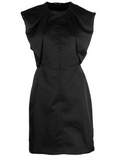 satin shift mini dress from PROENZA SCHOULER featuring black, satin finish, ruched detailing, cap sleeves, fitted waistline, shift style and thigh-length. Chic Evening Dresses With Cap Sleeves, Chic Satin Mini Dress With Draped Sleeves, Chic Satin Dress With Draped Sleeves, Black Ruched Satin Dress For Formal Occasions, Black Satin Ruched Dress For Formal Occasions, Silk Mini Dress With Draped Sleeves For Evening, Chic Black Ruched Satin Dress, Elegant Ruched Dress With Cap Sleeves, Elegant Ruched Cap Sleeve Dresses