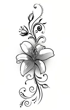 a black and white drawing of a flower with swirls on the bottom half of it