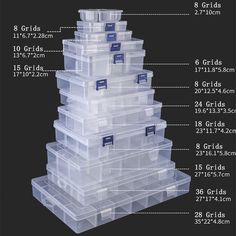 plastic storage containers stacked on top of each other, with measurements for each container in the bottom