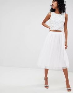 Lace & Beads | Shop Lace & Beads dresses, tops & skirts| ASOS White Tulle Midi Skirt, Midi Skirt White, A Line Midi Skirt, Prom Skirt, Tule Rok, White Tulle Skirt, Gonna In Tulle, Tulle Midi Skirt