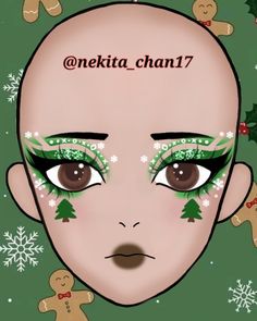 Pino + copos de nieve + gliter Snowflake Makeup Looks, Green Christmas Makeup, Maquillage Aesthetic, Snowflake Makeup, Painting Skin, Vintage Makeup Looks, Christmas Face Painting