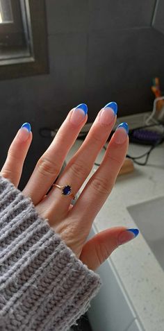 Colorful Chrome French Tip Nails, Blue French Tip Nails With Chrome, Navy Chrome French Tip Nails, Hoco Nails Gold, Chrome Blue French Tip, Blue Crome Nails French, Blue French Tip With Chrome, Blue French Tip Chrome Nails, Blue Sparkle French Tip Nails