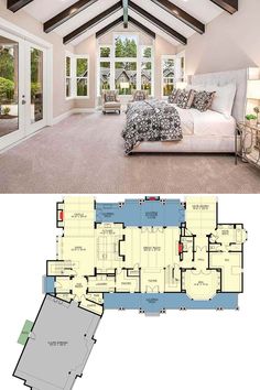 the floor plan for this bedroom is very large and has two separate rooms, one with a